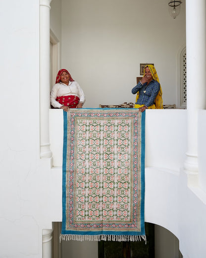 Handmade Block Print Cotton Rug: Turquoise Coral Lotus Design