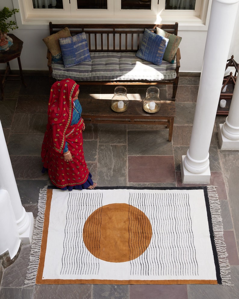 Handmade Cotton Area Rug: Boho Sun Design, Flatwoven