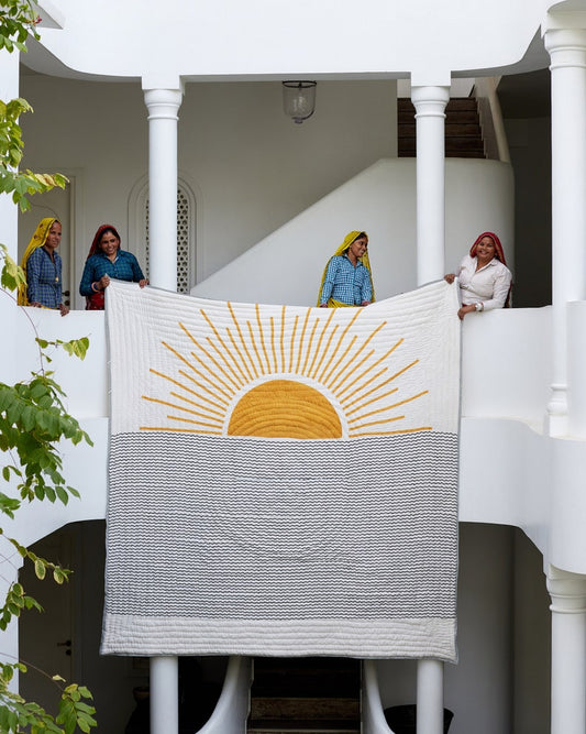 Handmade Cotton Quilt with Shams: Reversible Sun Design, Bohemian Kantha Stitch