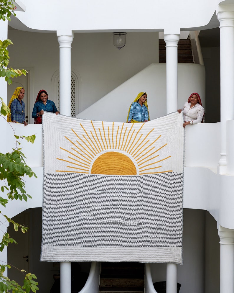Handmade Queen Quilt: Reversible Block-Printed Cotton Sun & Starry Night Bedspread
