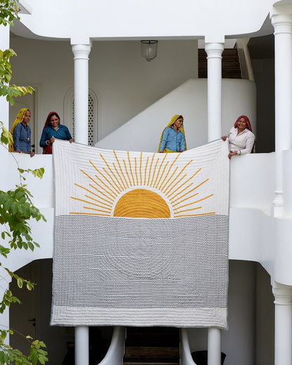 Handmade Queen Quilt: Reversible Block-Printed Cotton Sun & Starry Night Bedspread
