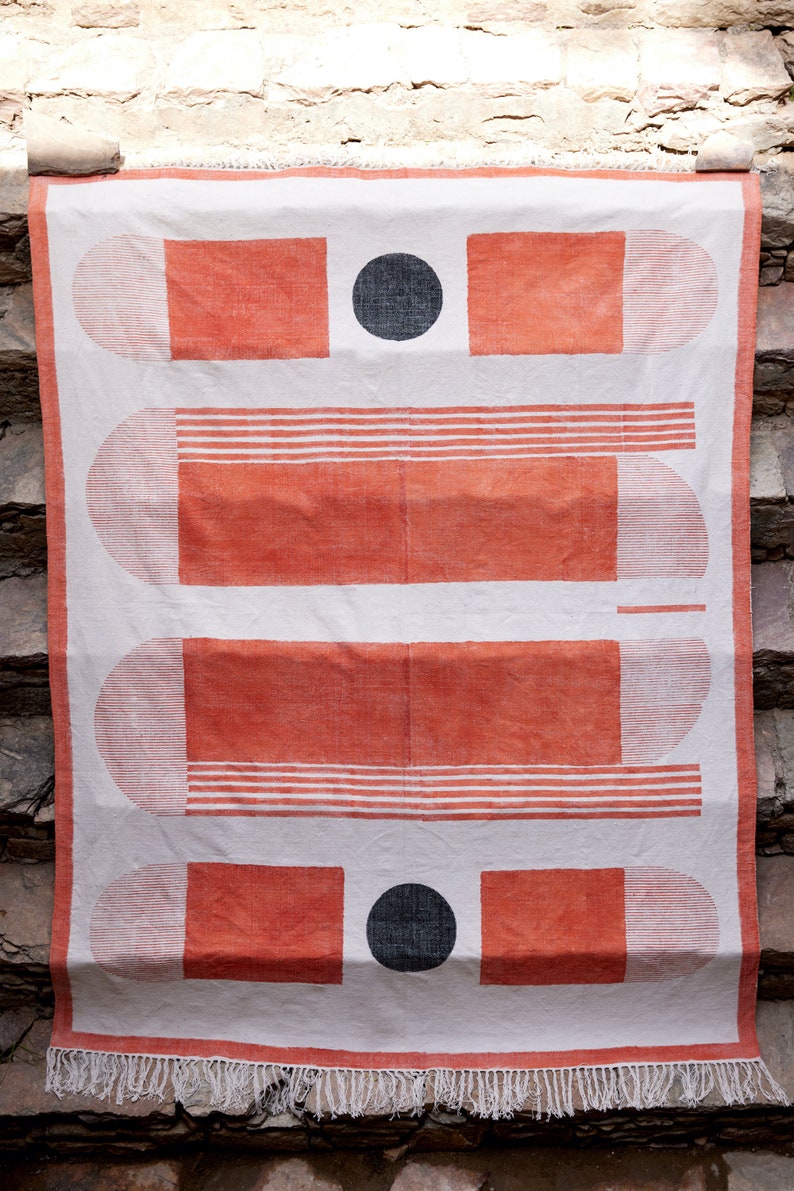 Handmade Cotton Area Rug: Bauhaus Block Print, Rustic Orange, Flat Weave