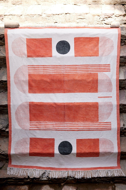 Handmade Cotton Area Rug: Bauhaus Block Print, Rustic Orange, Flat Weave