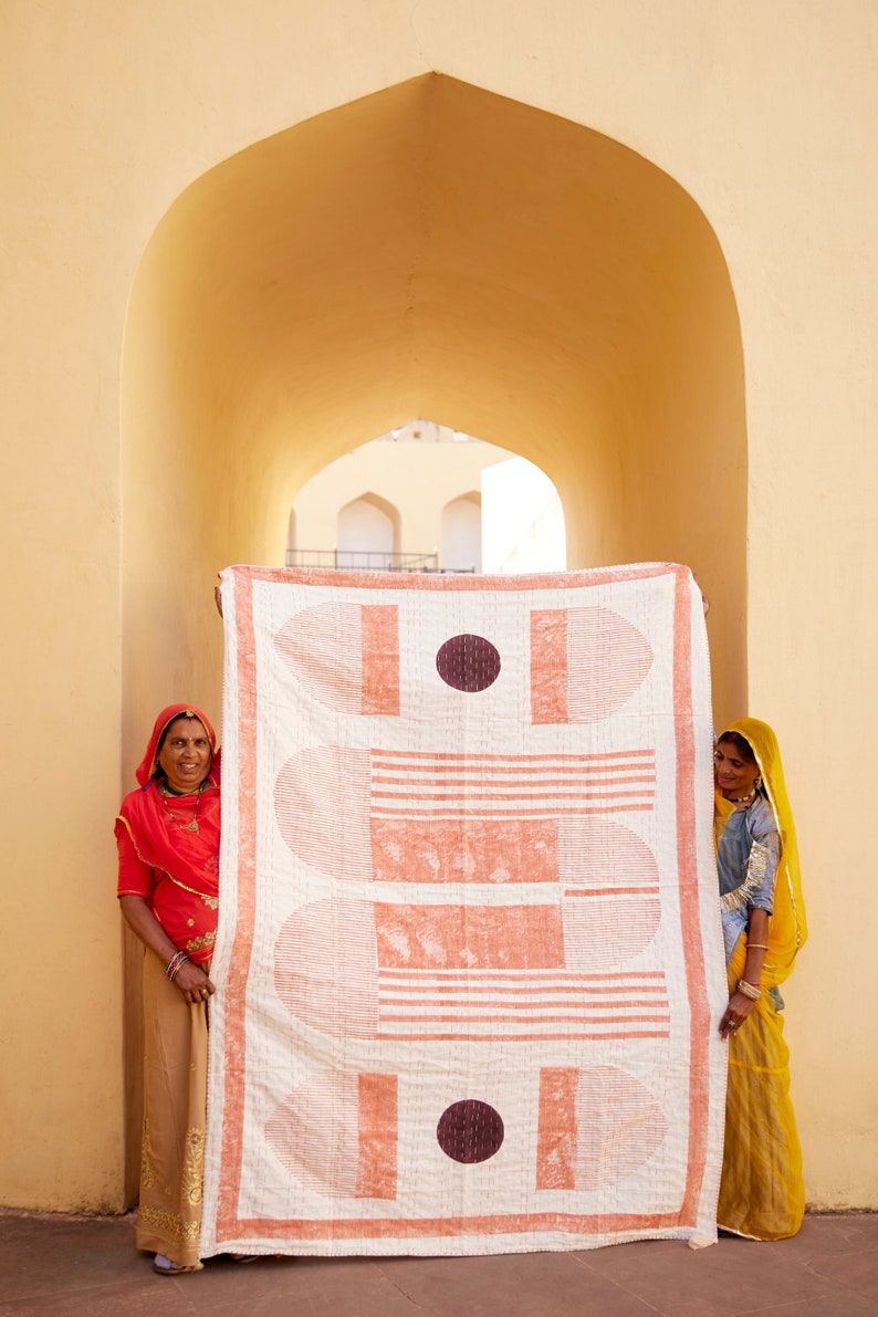 Hand-Stitched Linen Throw Blanket: Block Printed Kantha Tapestry