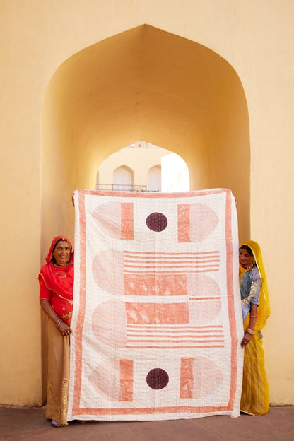 Hand-Stitched Linen Throw Blanket: Block Printed Kantha Tapestry