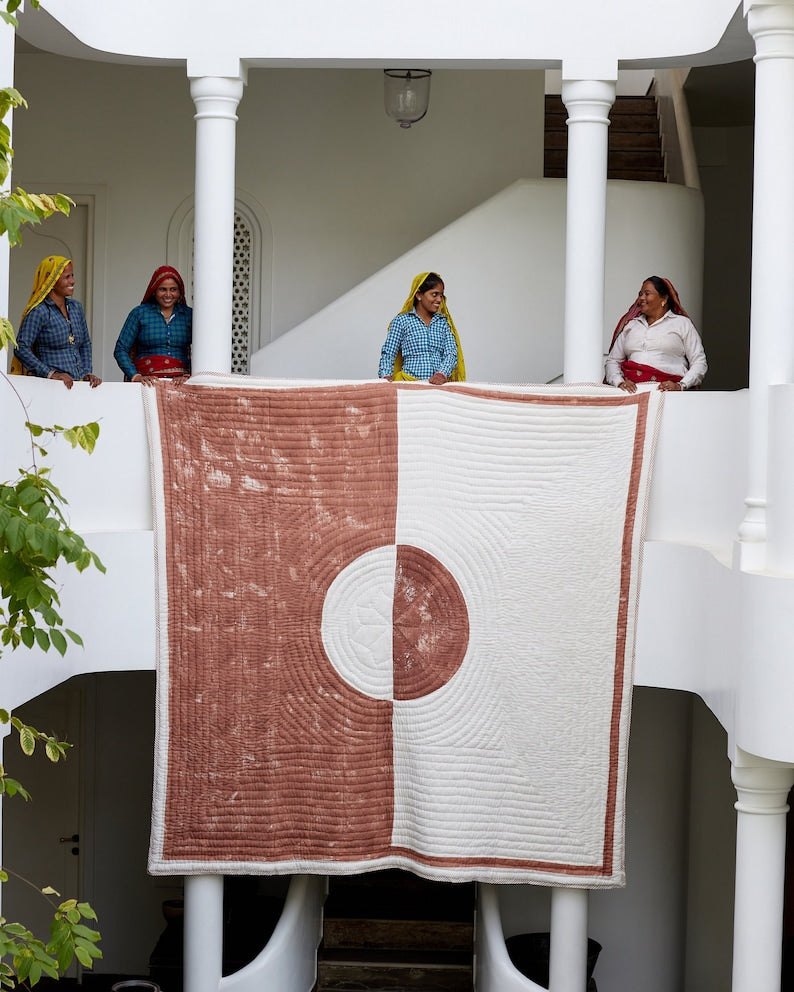 Hand Block Printed Cotton Quilt: Reversible Boho Bedspread with Shams