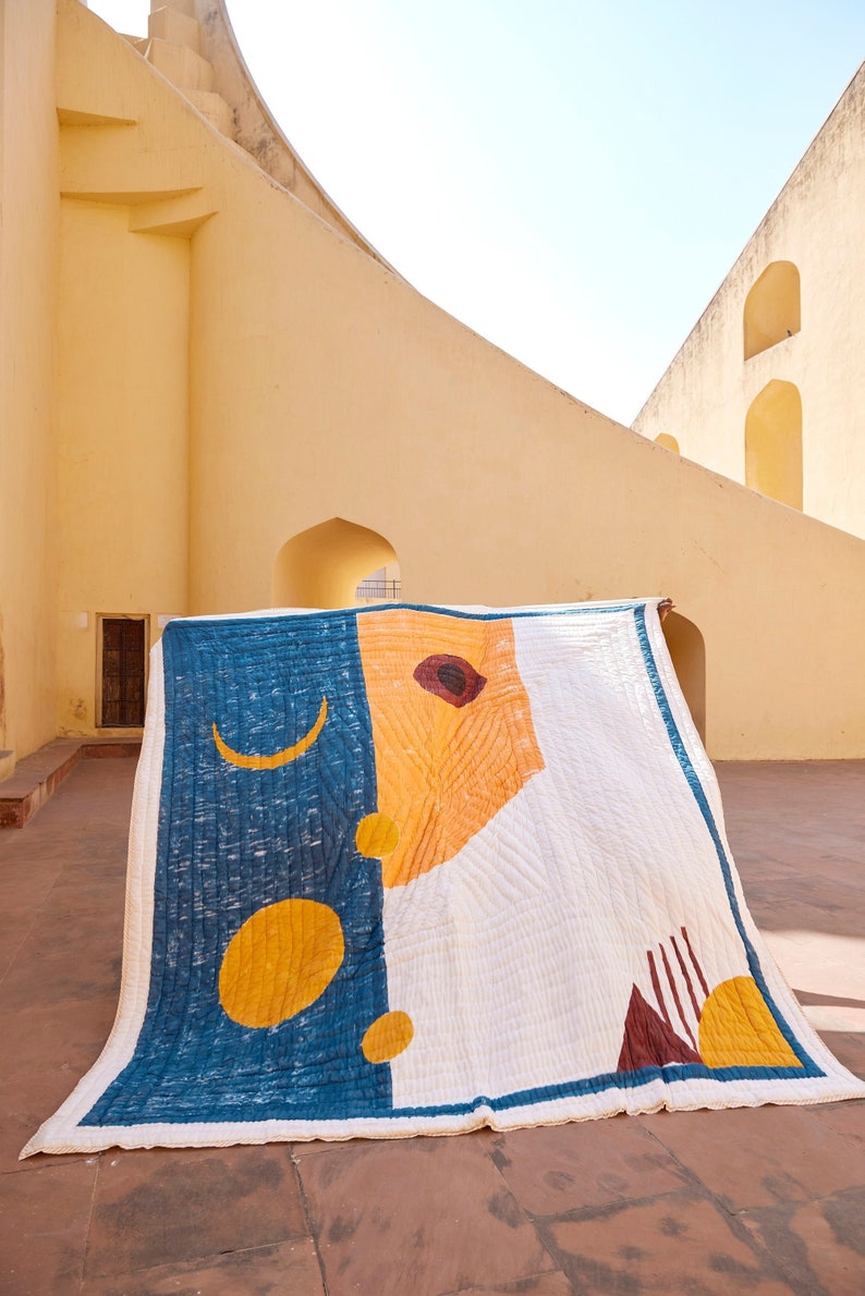 Handmade Block Print Twin Quilt: Cotton Kantha Stitched Oversized XL
