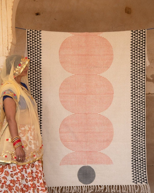 Block Printed Cotton Rug: Orange Bauhaus Design, Hand-Knotted Dhurrie