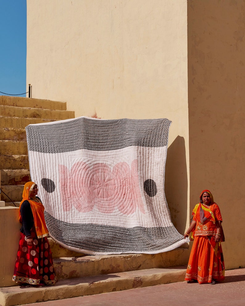 Handmade Queen Quilt: Reversible Cotton Bedspread with Kantha Stitching