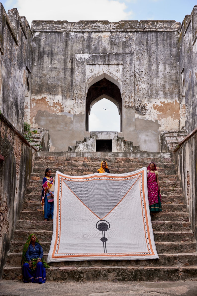 King Size Bauhaus Quilt: Hand-Block Printed Cotton Kantha Bedspread