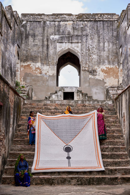 King Size Bauhaus Quilt: Hand-Block Printed Cotton Kantha Bedspread