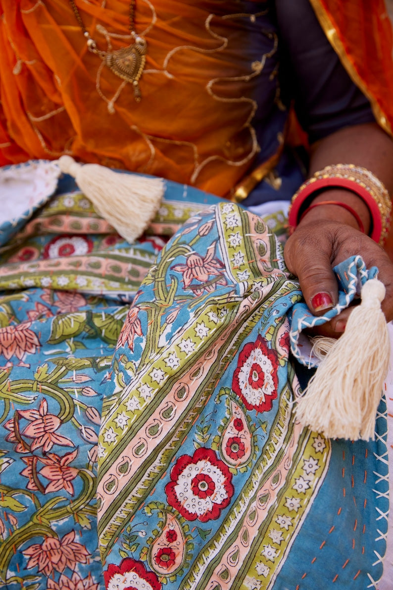 Floral Block Print Cotton Picnic Blanket: Kantha Stitched Throw