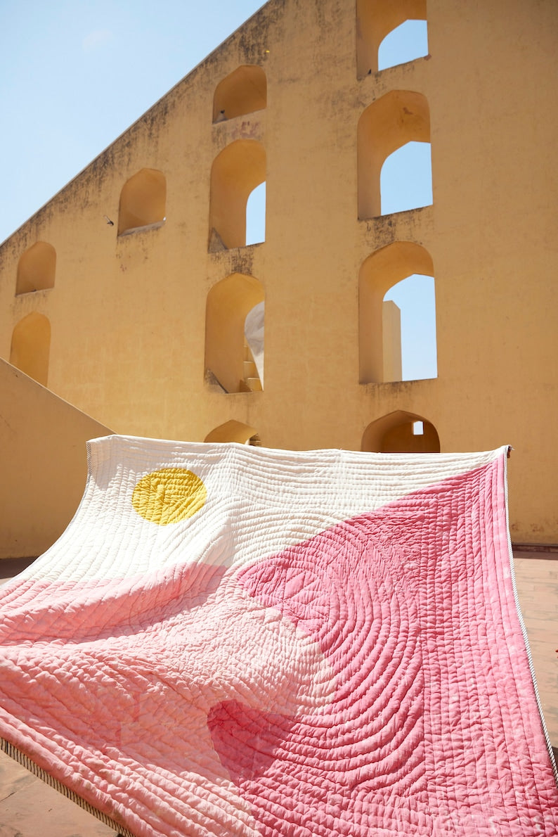 Modern Block Print Quilt: Handmade Cotton Bedspread