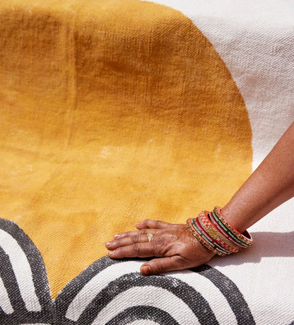 Hand Block Printed Cotton Rug: Japanese Sun & Waves, 4x6 Dhurrie