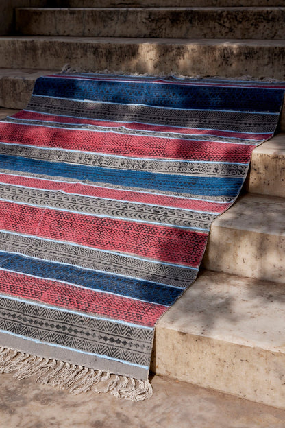 Handwoven Block Print Rug: Red & Blue Striped Dhurrie, 4x6 Cotton