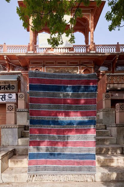 Handwoven Block Print Rug: Red & Blue Striped Dhurrie, 4x6 Cotton