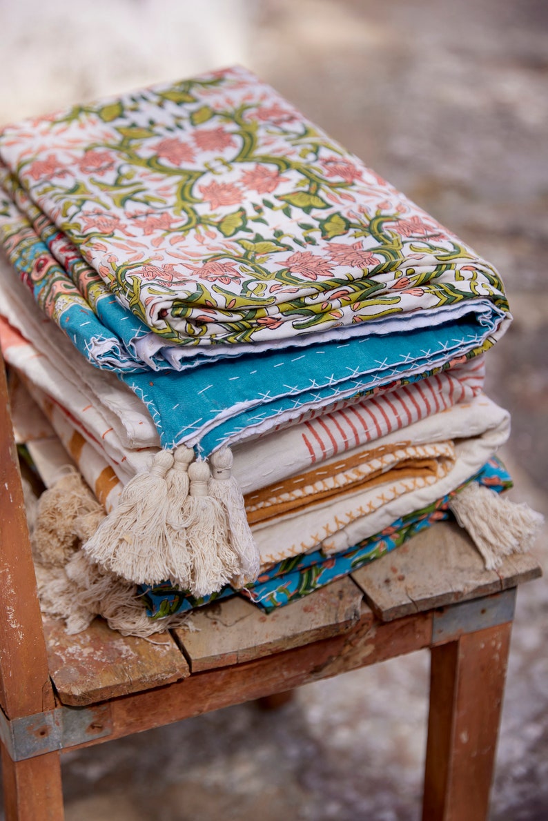 Hand-Stitched Kantha Throw Blanket: Blue Lotus Block Print Cotton Quilt