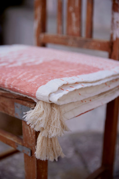 Hand-Stitched Linen Throw Blanket: Block Printed Kantha Tapestry
