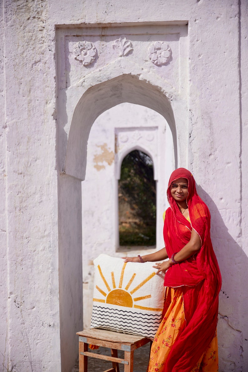 Hand Block Printed Cotton Kantha Quilt: Reversible Sunrise Sun Design