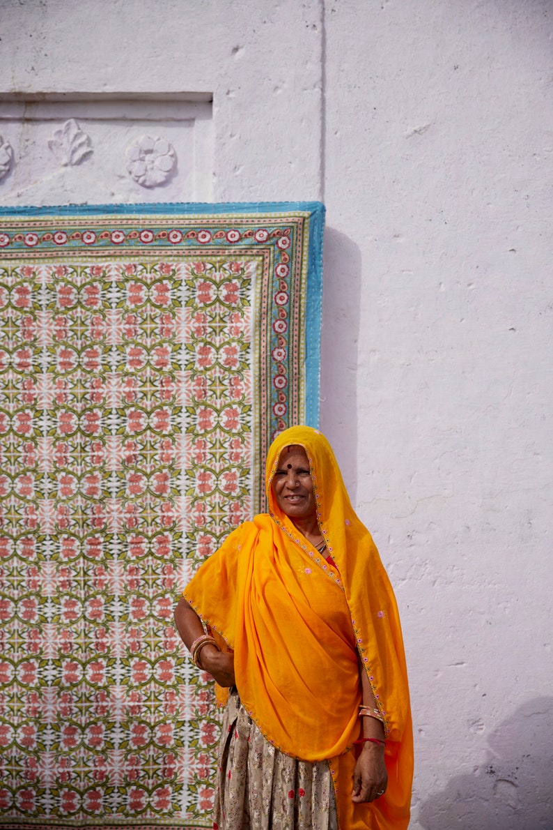 Hand-Stitched Kantha Throw Blanket: Blue Lotus Block Print Cotton Quilt