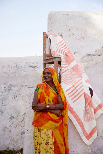 Hand-Stitched Linen Throw Blanket: Block Printed Kantha Tapestry