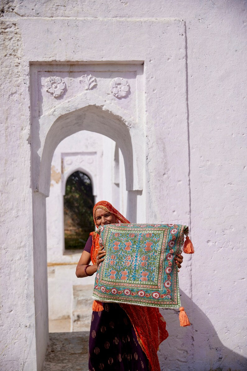 Handmade Kantha Stitch King Quilt: Indian Block Print Cotton Bedspread