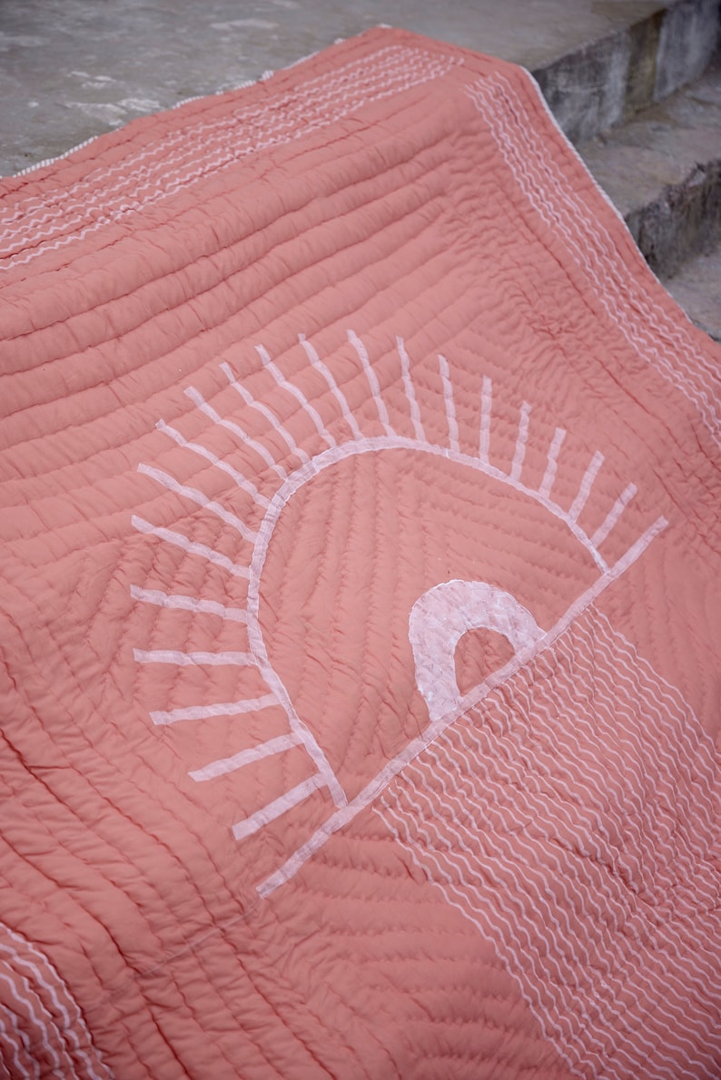 Handmade Kantha Stitch Quilt: Reversible Cotton Boho Bedspread with Shams