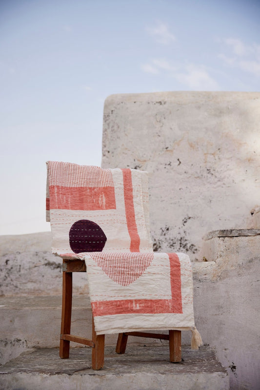 Handmade Linen Kantha Throw Blanket: Bauhaus Block Print