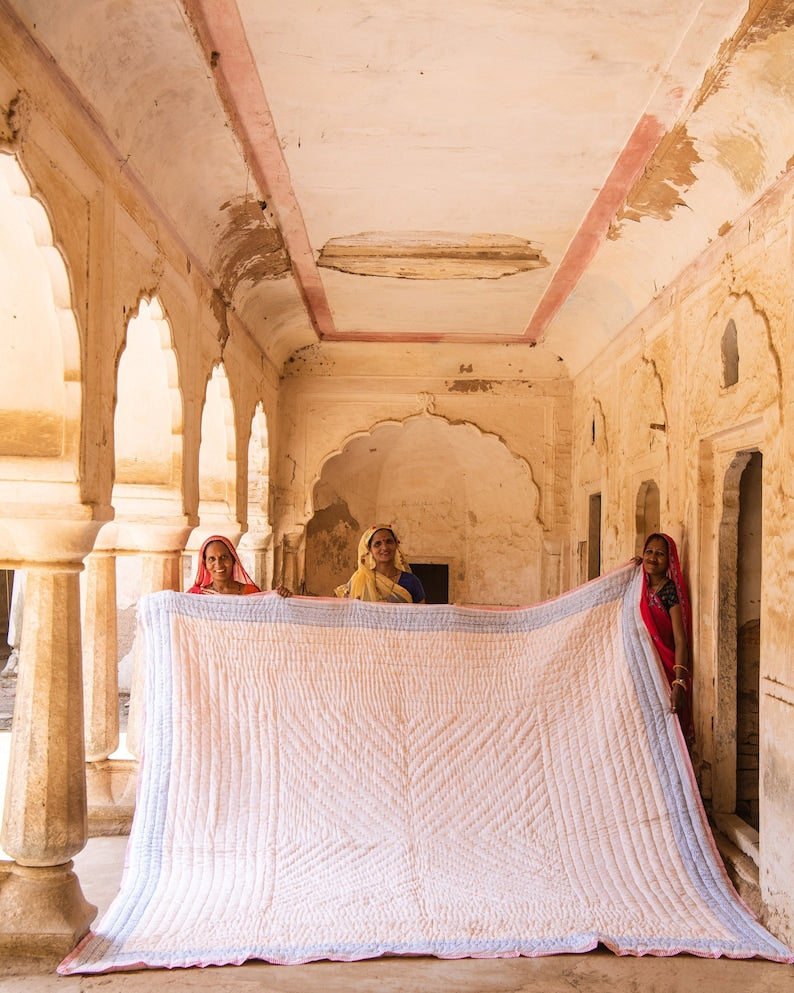 Pink King Size Kantha Quilt: Reversible Boho Block Print Comforter