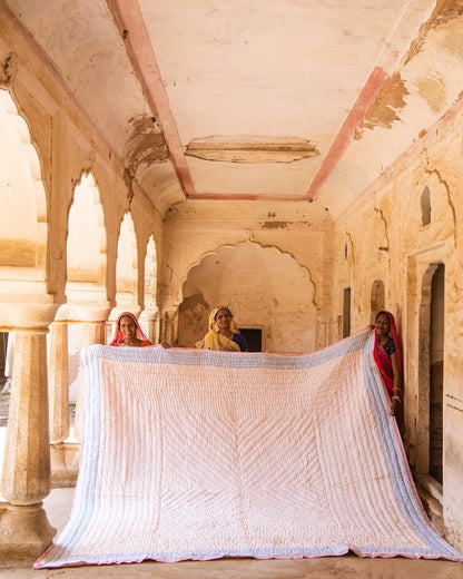 Pink King Size Kantha Quilt: Reversible Boho Block Print Comforter