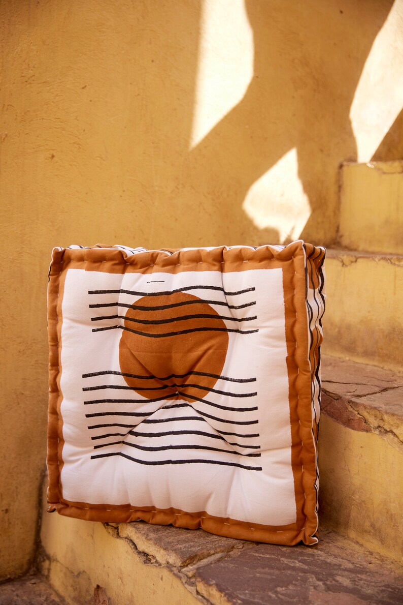 Handmade Cotton Block Printed Floor Cushion: Boho Moon Phase Decor