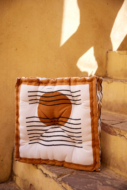 Handmade Cotton Block Printed Floor Cushion: Boho Moon Phase Decor