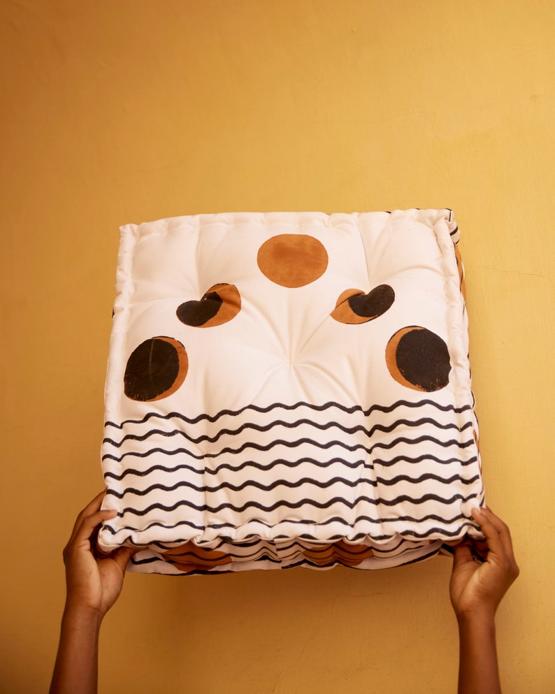 Handmade Cotton Block Printed Floor Cushion: Boho Moon Phase Decor