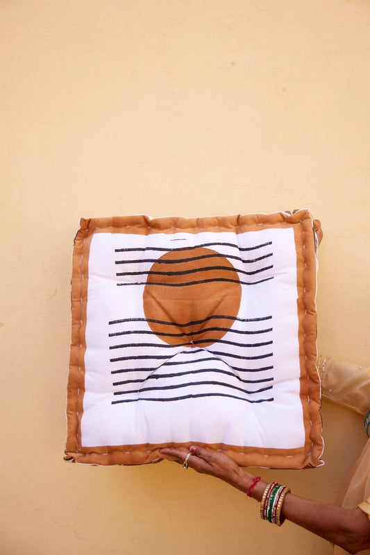 Handmade Cotton Block Printed Floor Cushion: Boho Moon Phase Decor