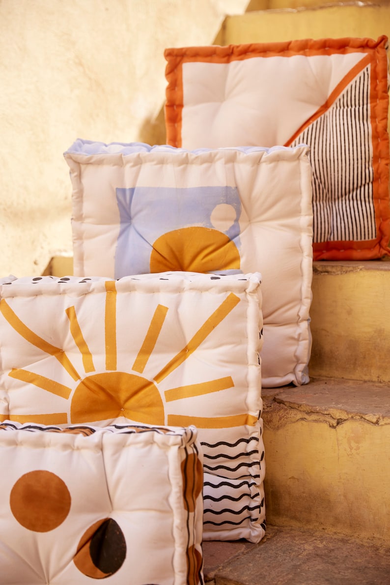 Hand-Block Printed Cotton Floor Cushion: Reversible Boho Pouf