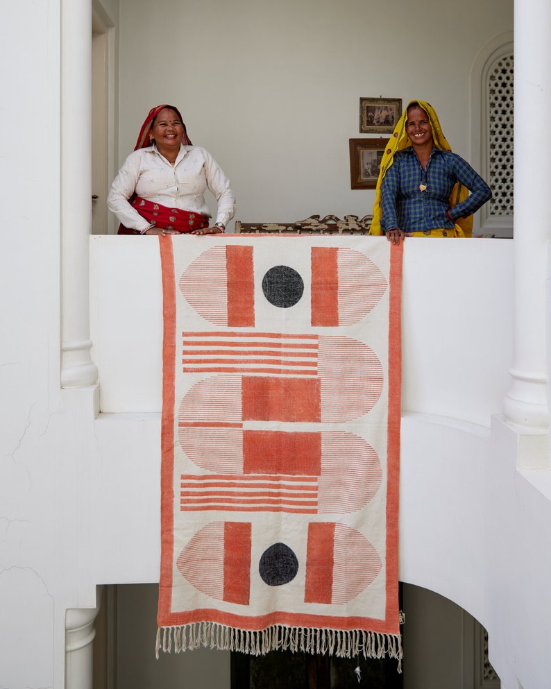 Hand Block Printed Cotton Rug: Terracotta & Black Geometric Rug - Boho Modern Decor