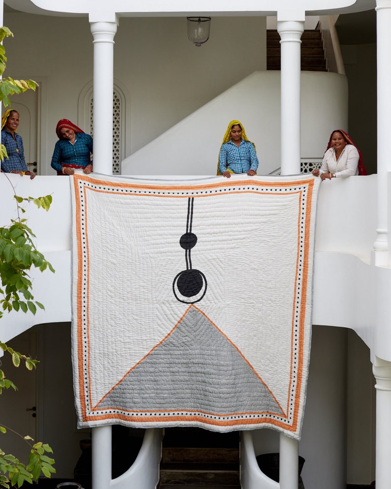 Handmade Queen Size Kantha Quilt: Lunar Orange & White Reversible Cotton Bedspread