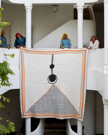 Handmade Queen Size Kantha Quilt: Lunar Orange & White Reversible Cotton Bedspread