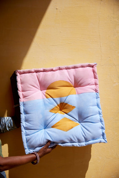 Hand-Printed Reversible Floor Cushion: Blue & Pink Meditation Pillow