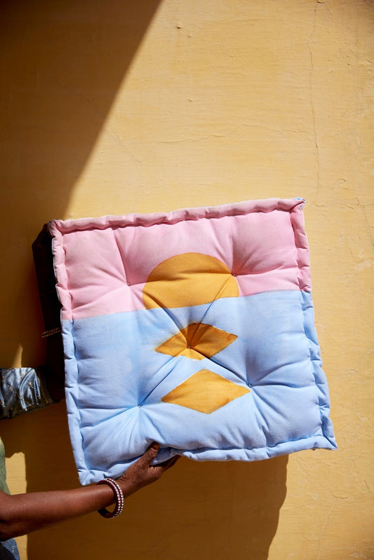Hand-Printed Reversible Floor Cushion: Blue & Pink Meditation Pillow