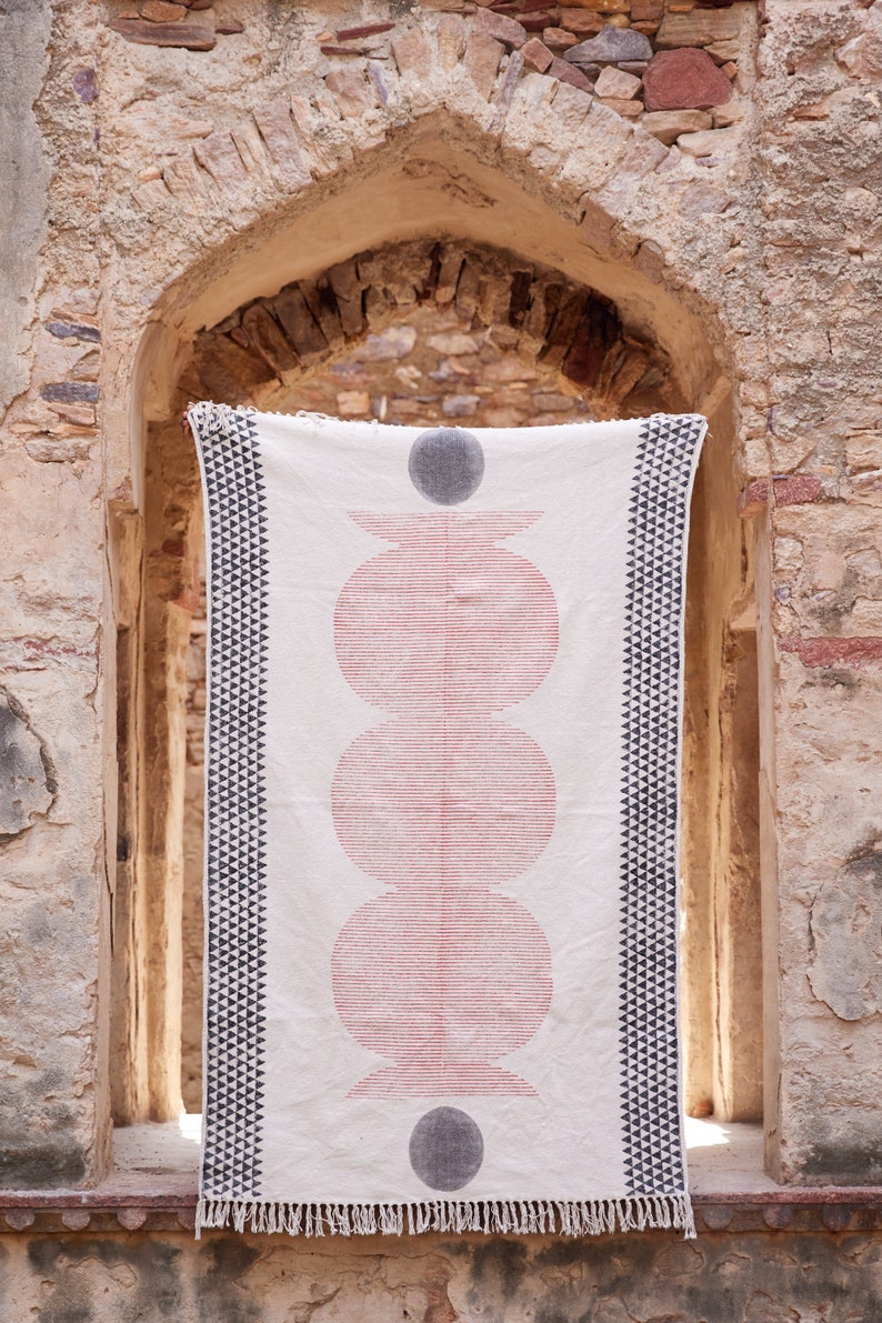 Block Printed Cotton Rug: Orange Bauhaus Design, Hand-Knotted Dhurrie