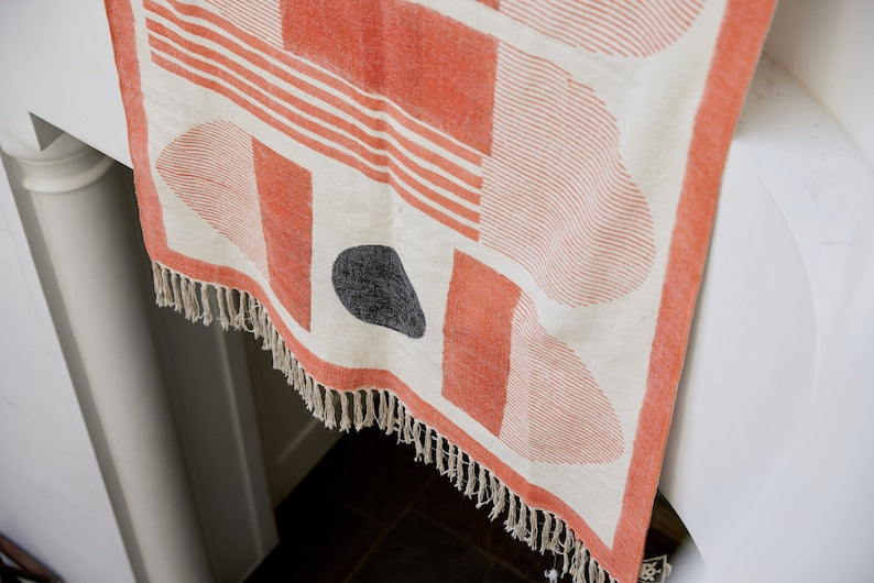 Hand Block Printed Cotton Rug: Terracotta & Black Geometric Rug - Boho Modern Decor