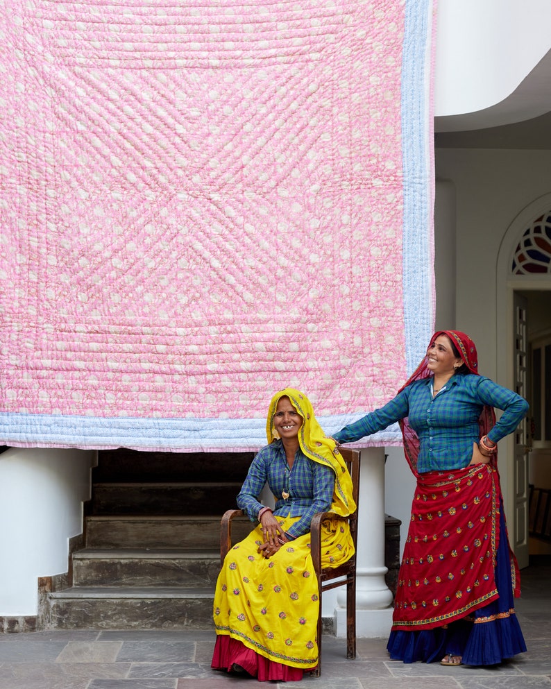 Handmade Twin Size Block Print Quilt: Pink & Blue Floral Kantha