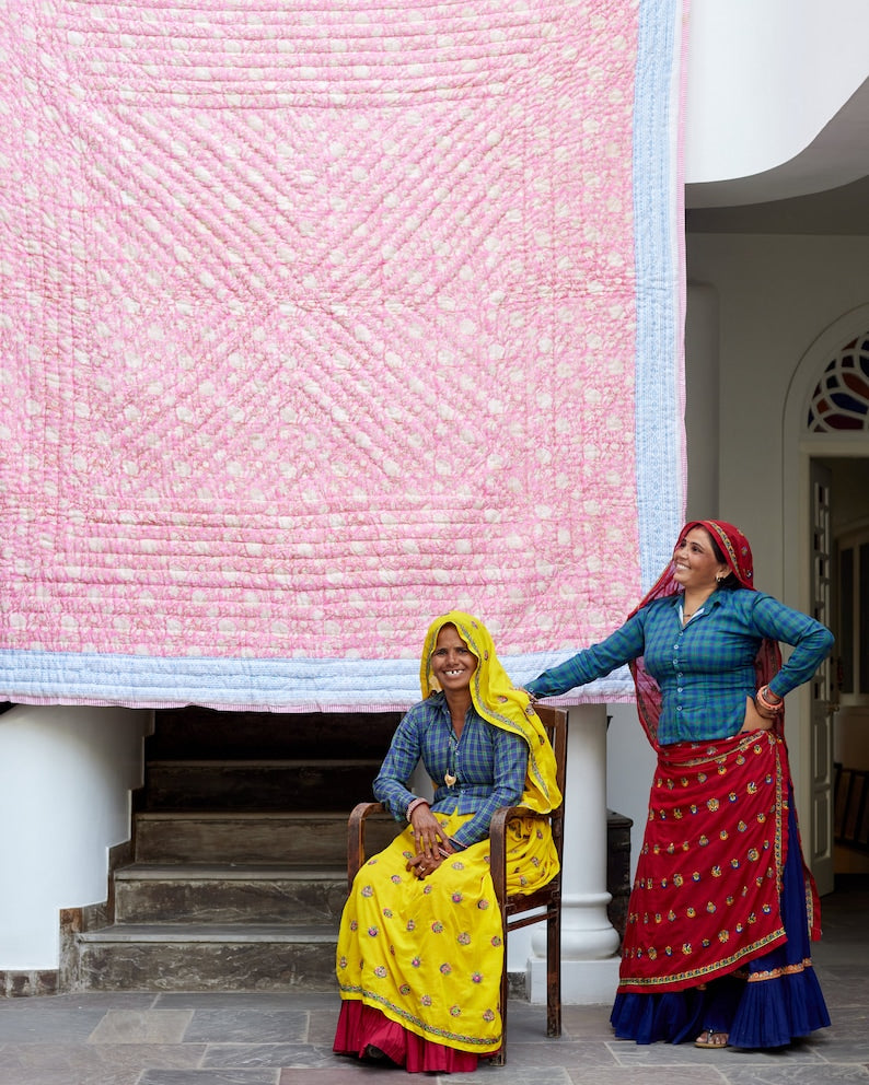 Handmade King Size Cotton Kantha Quilt: Reversible Pink & White Block Print