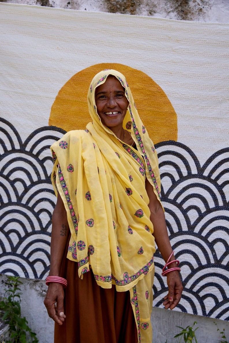 Handmade Block Print Kantha Throw Blanket: Boho Cotton Quilted Bedcover