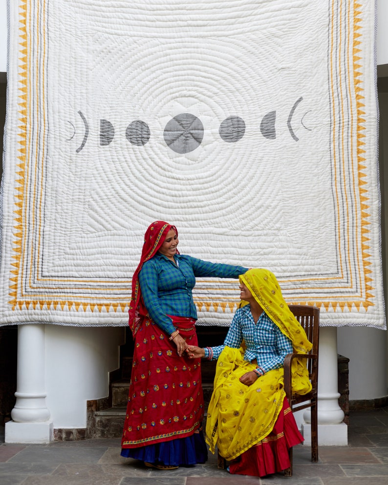 Handmade Twin Quilt Set: Indian Block-Printed Sun & Moon Cotton Bedspread