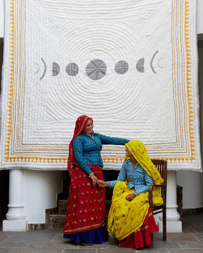 Handmade Twin Quilt Set: Indian Block-Printed Sun & Moon Cotton Bedspread