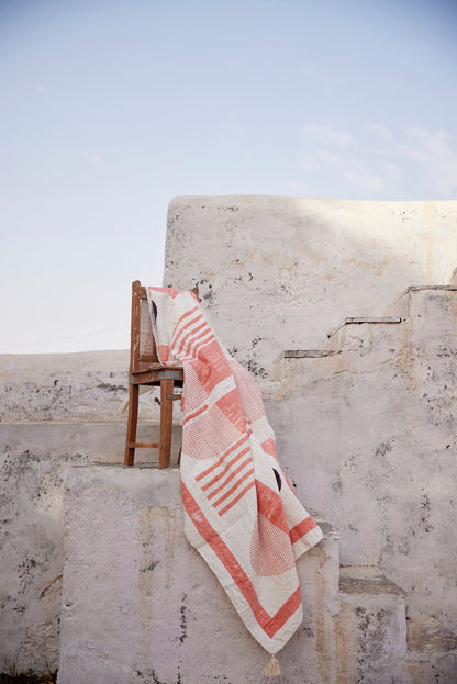 Hand-Stitched Linen Throw Blanket: Block Printed Kantha Tapestry