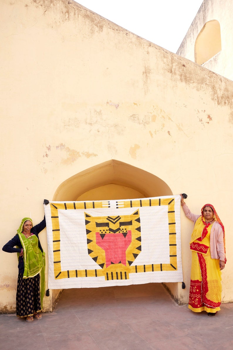 Tiger Face Kantha Throw Blanket: Hand-stitched Cotton Indian Quilt