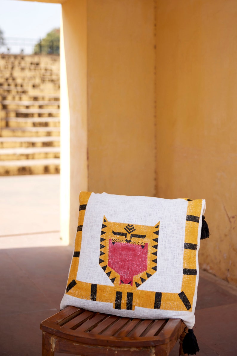 Handmade Tiger Pillow Cover: Indian Block Print Cotton Euro Sham
